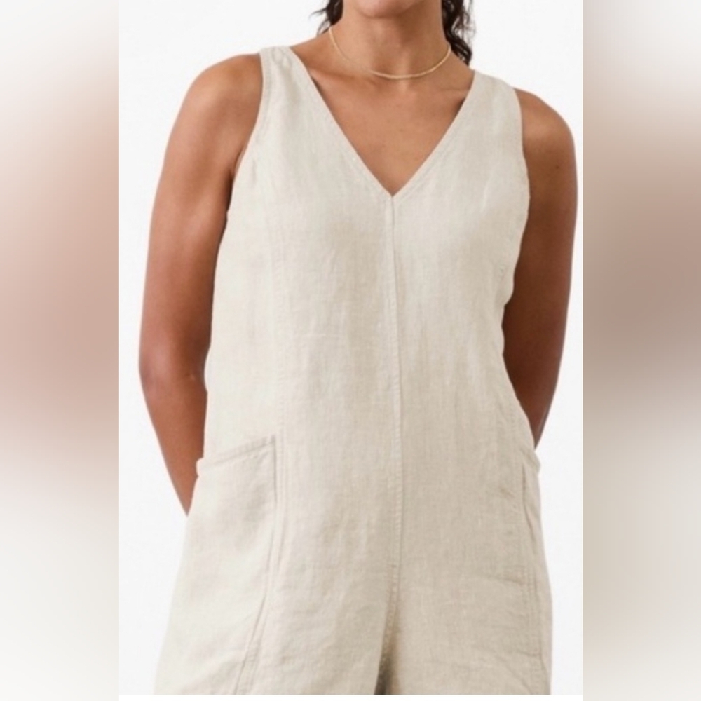 Athleta Sleeveless V-Neck Linen Romper in Natural